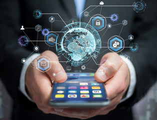International business network connection displayed on a futuristic interface with technology icon and sphere globe - Worldwide business concept
