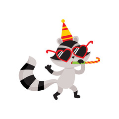 vector flat cartoon cheerful raccoon character having fun whistling wearing party hat happily smiling. isolated illustration on a white background. Animals party concept