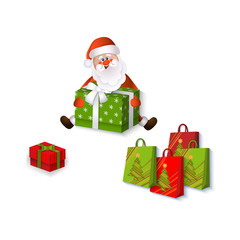 vector flat santa claus sitting with paper shopping bags with spruce tree image, christmas square box presents with ribbon bow. Isolated illustration on a white background.