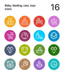 Colorful Baby, feeding, care, toys icons for web and mobile design pack 1