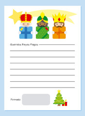 Letter to The three wise men of orient. Dear wise men written in Spanish