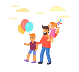 Father with Son Holding Balloons, Daughte on Arms