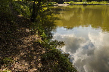 Obraz premium blue sky fishing lake in nature, Hungarian forest