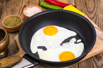 Two fried eggs for breakfast in frying pan