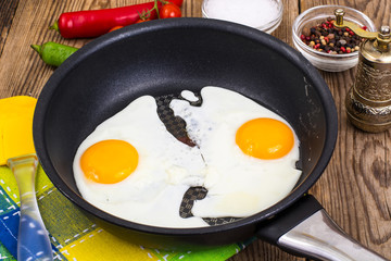 Two fried eggs for breakfast in frying pan