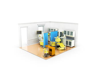 Isometric dental surgery yellow design nightstands with medicines 3D render on white background
