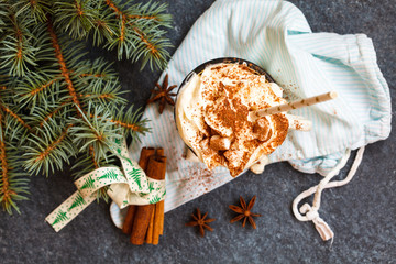 cocoa with cream and cinnamon on a concrete background