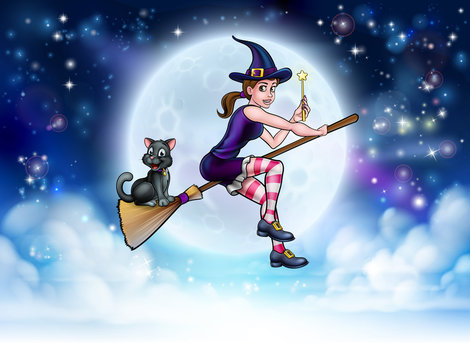 Witch and Full Moon Halloween Scene