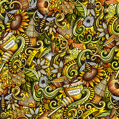 Cartoon cute doodles hand drawn Honey seamless pattern