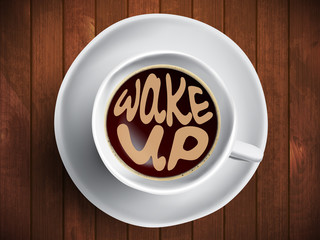 Coffee cup with time lettering, motivation quotes about time, awaking, right moment. Realistic black coffee on brown wooden background with motivation. Morning coffee