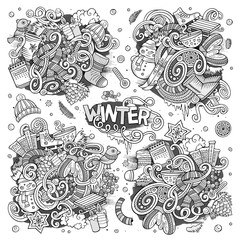 Cartoon set of Winter season doodles designs