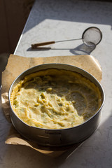 Cooking pie with rhubarb. The  cake in the form.