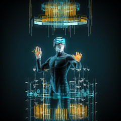 Virtual reality male user / 3D illustration of male figure in virtual gear working in cyberspace