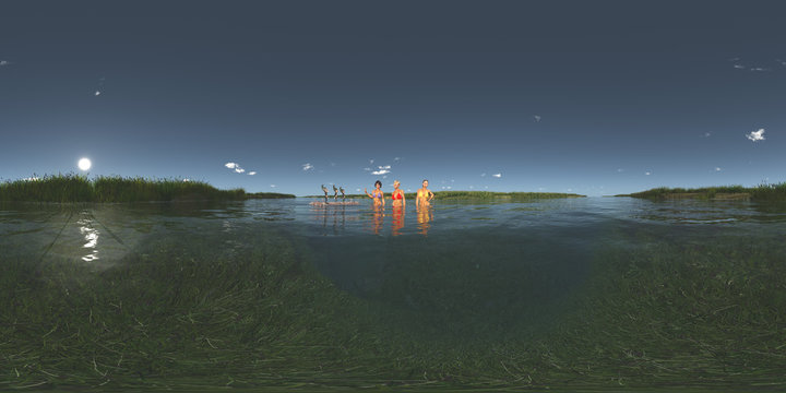 360 Grad Panorama mit badenden Frauen und Zwergen auf einem Floß