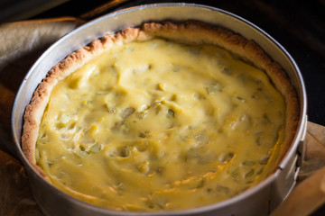 Cooking pie with rhubarb. The  cake in the form is just out of the oven.
