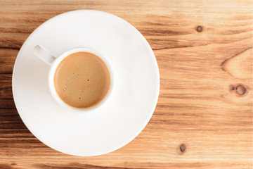 cup of cofee espresso on wooden background with copy space. coffee cup on wooden table