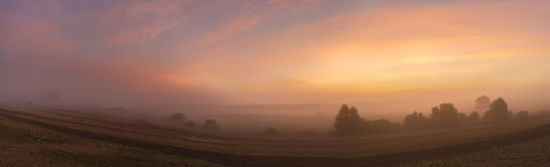 Fototapeta na wymiar foggy and colorful sunrise on the field in summer