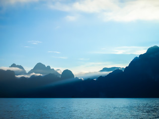 River view with mountains and cloudy