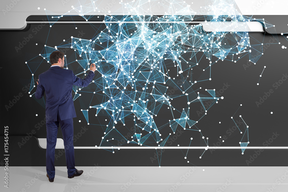Aufkleber Businessman using connection network on a wall 3D rendering