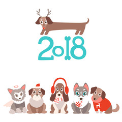 vector background with cute cartoon puppies in warm winter cloth