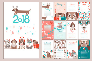 Creative calendar 2018 with cute cartoon puppies. Flat colored i