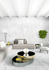 Loft bedroom in modern style interior design with eclectic wall and stylish sofa. 3D Rendering.