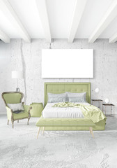 Loft bedroom in modern style interior design with eclectic wall and stylish sofa. 3D Rendering.