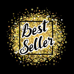 Best seller lettering label on golden dust background. Best seller text on golden glitter, vector illustration for sale advertising banner or discount tag