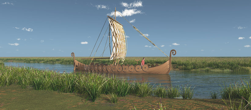 Wikingerschiff auf einem Fluss
