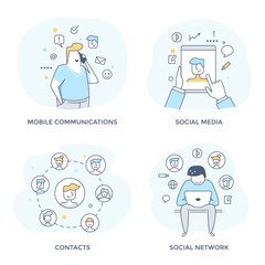 Social media concept icons for of digital communication, sharing information and direct marketing. Perfect for web interface, mobile applications, infographics and print design flat line design.