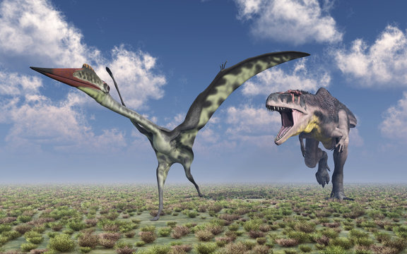 Dinosaurier Tyrannotitan attackiert den Flugsaurier Quetzalcoatlus