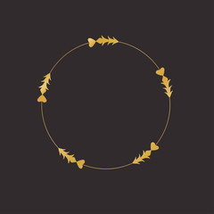 Gold round frame with floral elements. Greeting card with place for text, gold menu and invitation border. Vector illustration.