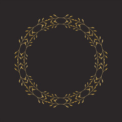 Gold round frame with floral elements. Greeting card with place for text, gold menu and invitation border. Vector illustration.