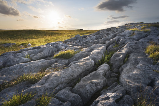 Limestone landscape in soft golden light in evening England