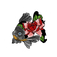 Stylized fish and flower. Tattoo design. Cartoon illustration, hand drawn style.