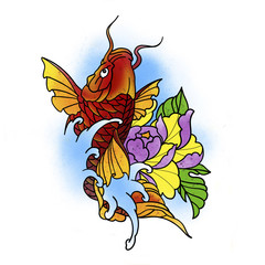 Stylized fish and flower. Tattoo design. Cartoon illustration, hand drawn style.
