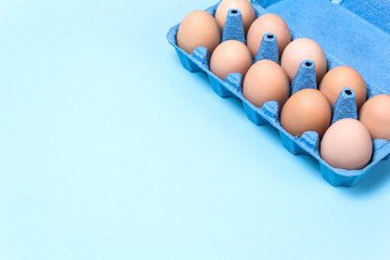 Chicken eggs in a cardboard box in blue on a blue background. Copy space for text