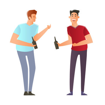 Two young men standing and talking with a bottle of beer in hand. Vector illustration, isolated on white background.
