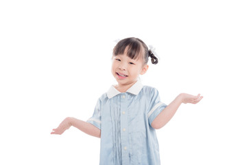 Little asian preschool girl smiling while showing copy space by two hands over white background