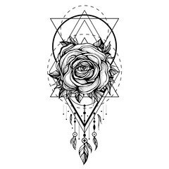 black chaplet, Rose flower With the eye, pattern of geometric shapes on white background. Tattoo design, mystic symbol. Boho design. Print, posters, t-shirts and textiles. vector illustration - 175460983