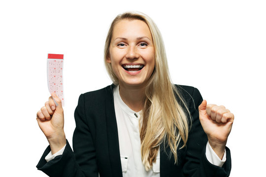 Happy Woman With Lucky Lottery Ticket In Hand Isolated On White Background