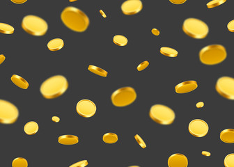 Falling coins, falling money, flying gold coins, golden rain. Jackpot or success concept.