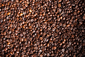 Coffee beans in close up photo. Refreshing moring drink