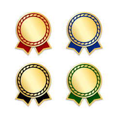 Award ribbons isolated set. Gold red design medal, label, badge, certificate. Symbol best sale, price, quality, guarantee or success, achievement. Golden ribbon award decoration Vector illustration