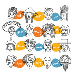 Face_nationalyti3/People of different nationalities. The people leading the conversation in the bubbles. People have a good talk.