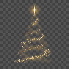 Christmas tree on transparent background. Gold Christmas tree as symbol of Happy New Year, Merry Christmas holiday celebration. Golden light decoration. Bright shiny design Vector illustration