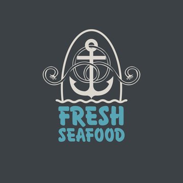 Vector emblem or banner for fresh seafood with an anchor, rope and words on the dark background in retro style.