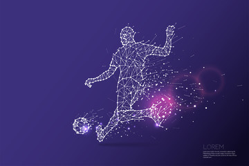 Fototapeta premium The particles, geometric art, line and dot of football player shooting