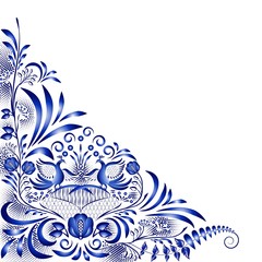 Corner blue pattern with birds and flowers in the style of national painting on porcelain. Decorative floral angle design element for cards, invitations, pages and ads.