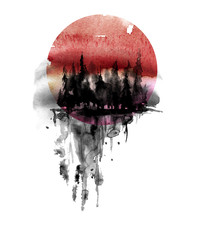 Watercolor black silhouette of a coniferous forest against a background of a red sunset. Forest landscape, reflection of trees in a river, lake  reflection in the river. Logo, picture of handmade. 